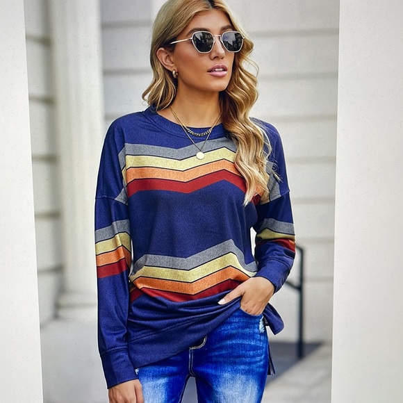 Retro Chevron Stripe Sweatshirt Top Blue Knit Size 2XL - Picture 3 of 5